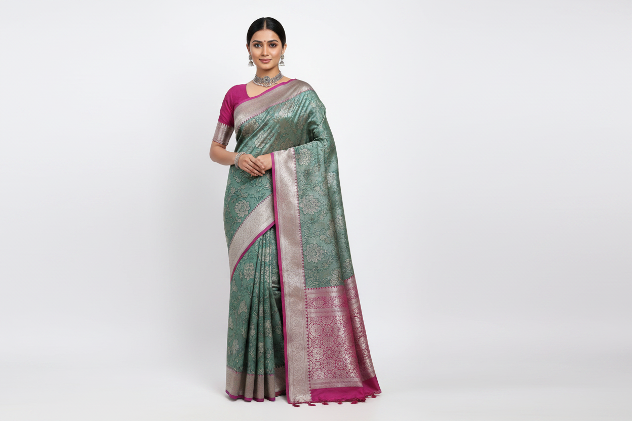 Indian Model Wearing Teal Green Floral Jaal Saree with Magenta Border