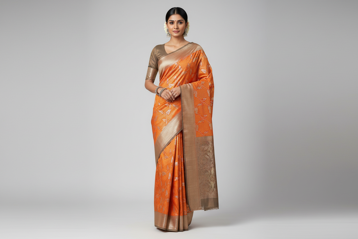 Indian Model Wearing Vibrant Orange Silk Saree with Silver Floral Jaal