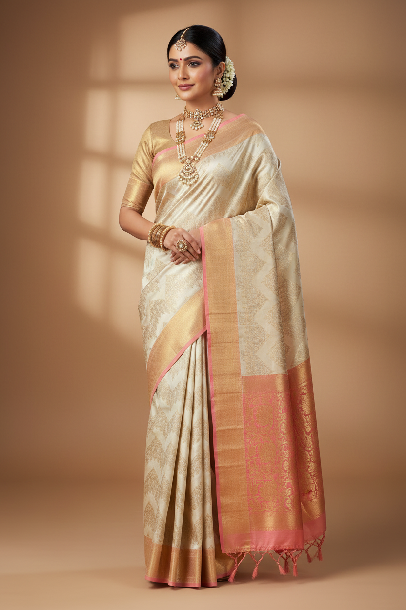 Ivory & Blush Pink Banarasi Silk Saree - Model Wearing