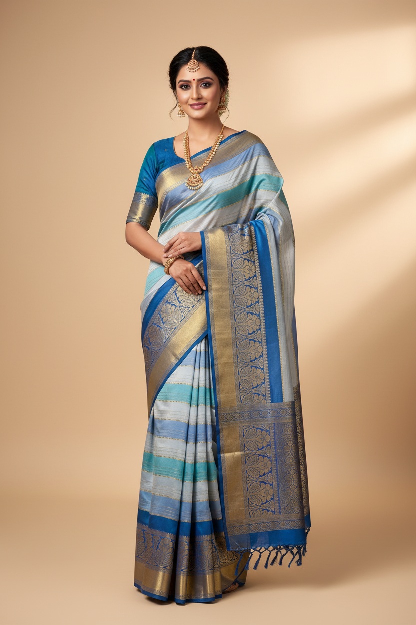 Kanjivaram Silk Saree with Blue Ombre Stripe Bands and Royal Blue Gold Border