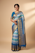 Kanjivaram Silk Saree with Blue Ombre Stripe Bands and Royal Blue Gold Border