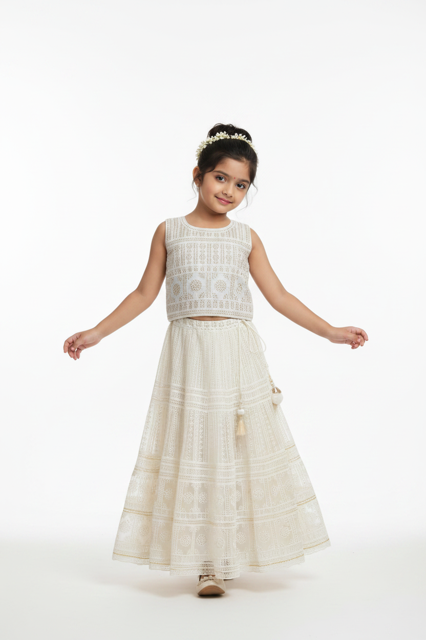 Kid in All-White Chikankari Lehenga Choli Set