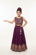 Kid in Deep Purple Peacock Embroidered Lehenga Choli