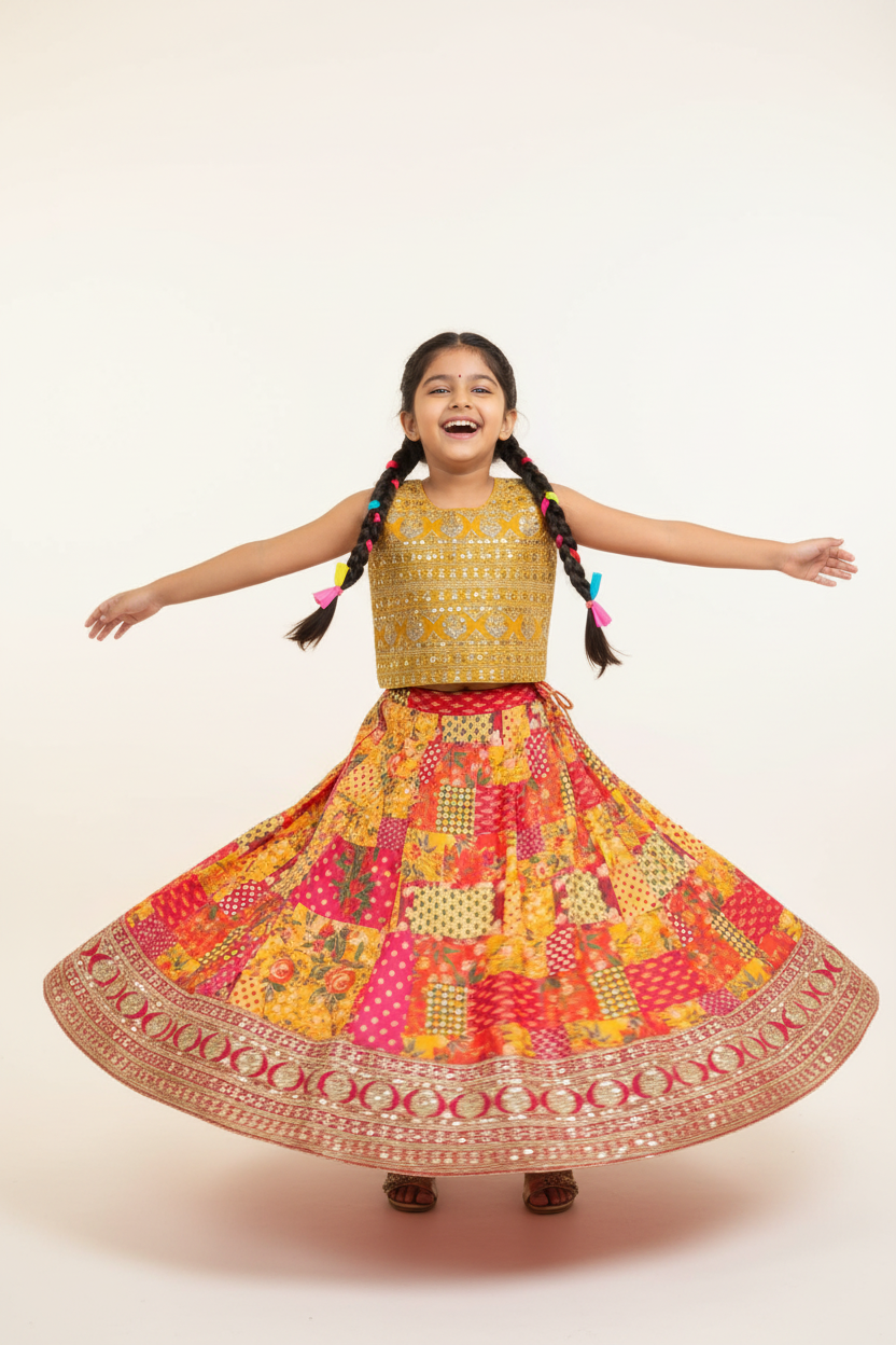 Kid in Gold Sequin Choli with Multicolor Patchwork Lehenga