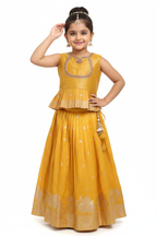 Kid in Golden Yellow Banarasi Silk Peplum Choli with Lehenga
