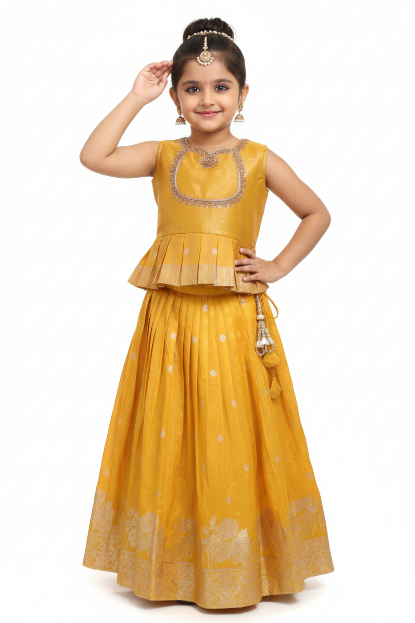 Kid in Golden Yellow Banarasi Silk Peplum Choli with Lehenga