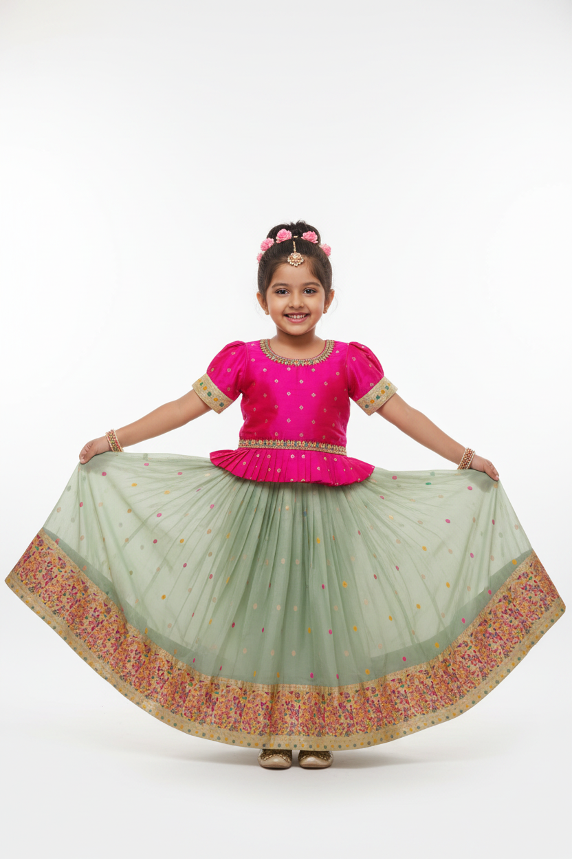 Kid in Hot Pink Peplum Choli with Mint Green Lehenga
