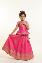 Kid in Hot Pink Silk Peplum Choli with Pink Lehenga