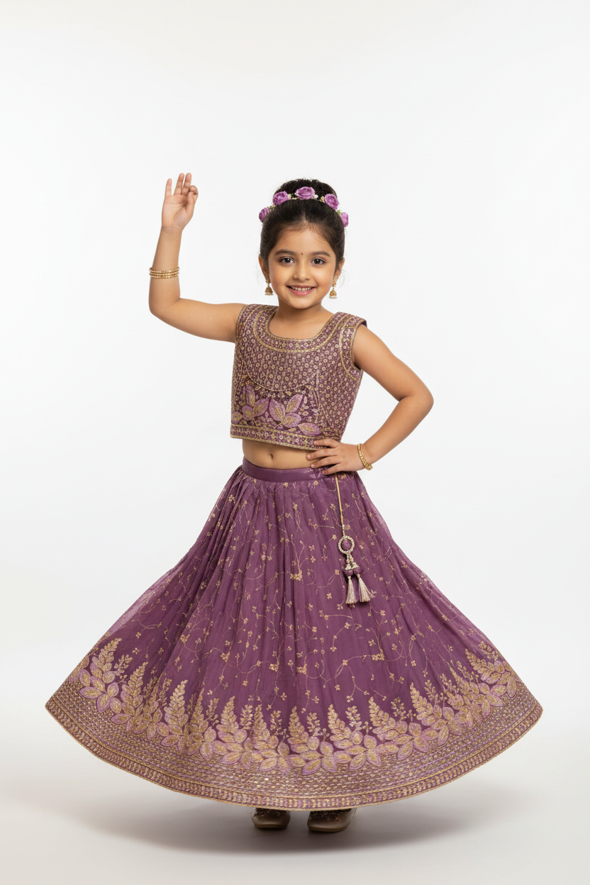 Kid in Lavender Zardozi Choli with Purple Lehenga