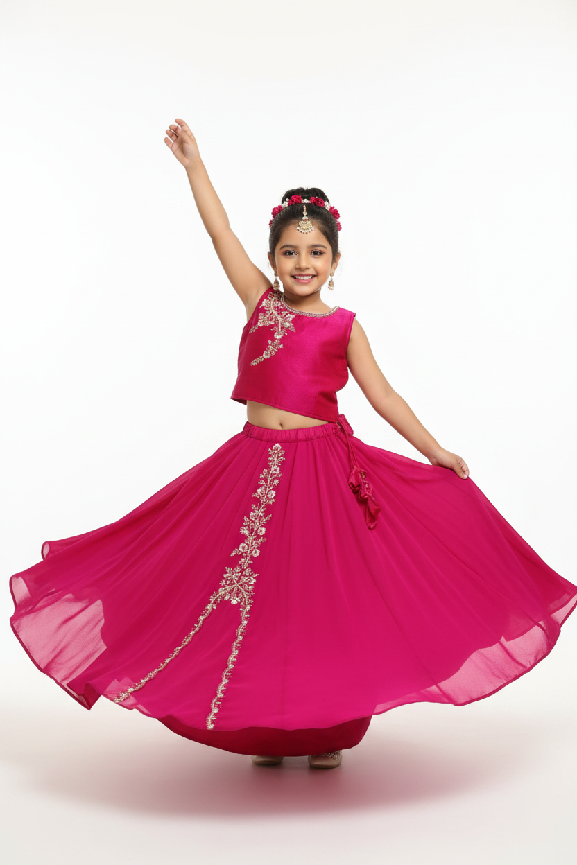 Kid in Magenta Choli with Pearl Border Lehenga