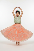 Kid in Mint Green Chikankari Choli with Peach Organza Lehenga