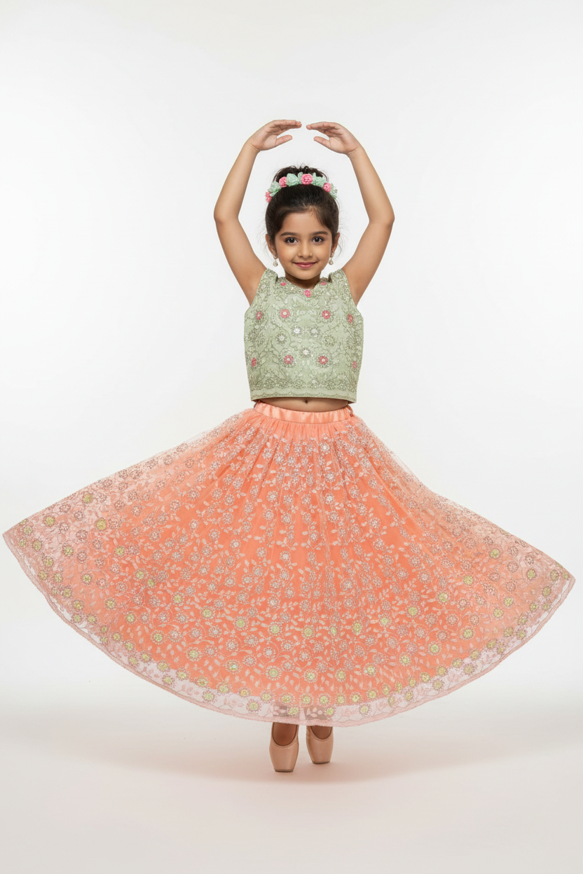 Kid in Mint Green Chikankari Choli with Peach Organza Lehenga