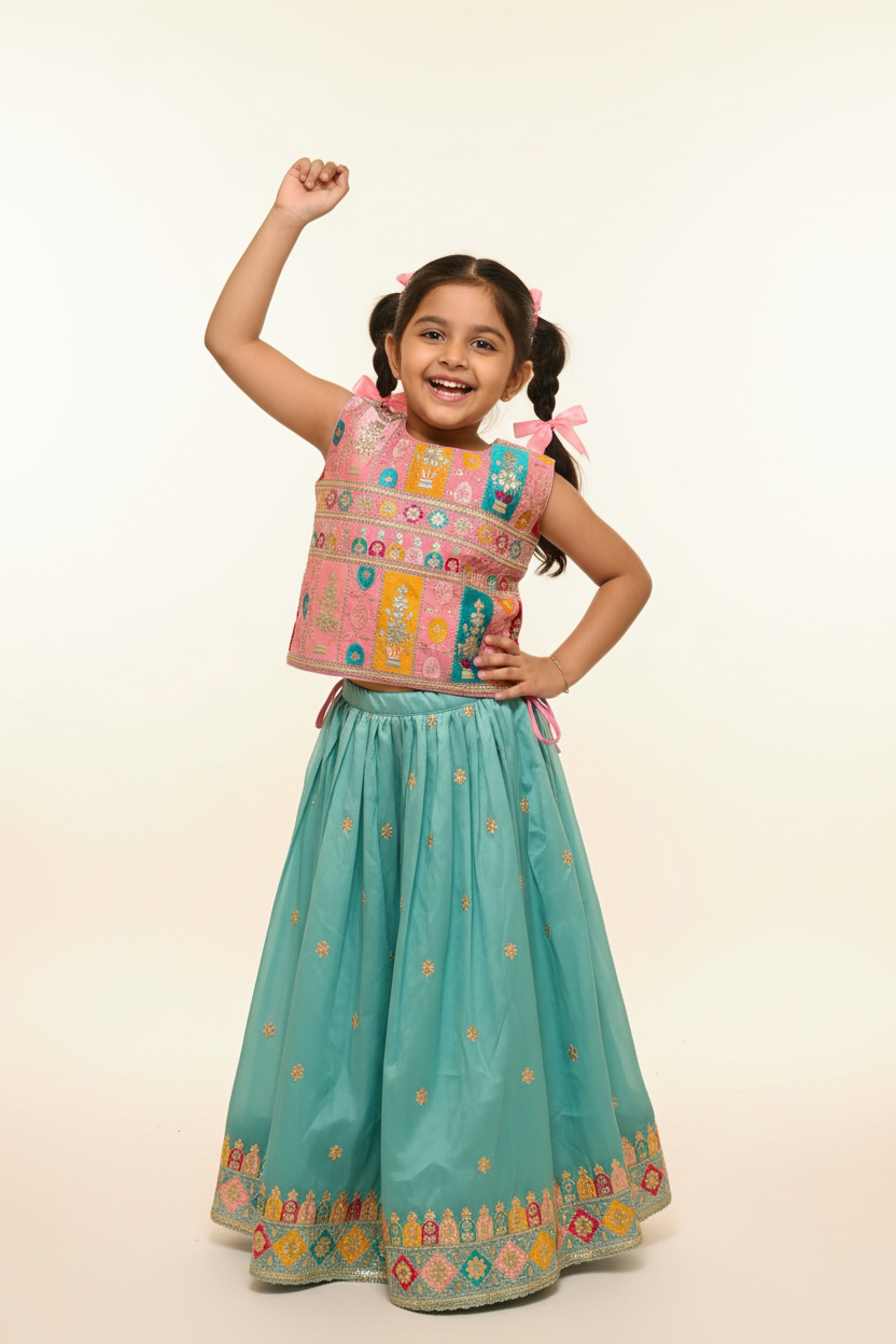 Kid in Pink Multicolor Choli with Teal Lehenga