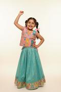 Kid in Pink Multicolor Choli with Teal Lehenga