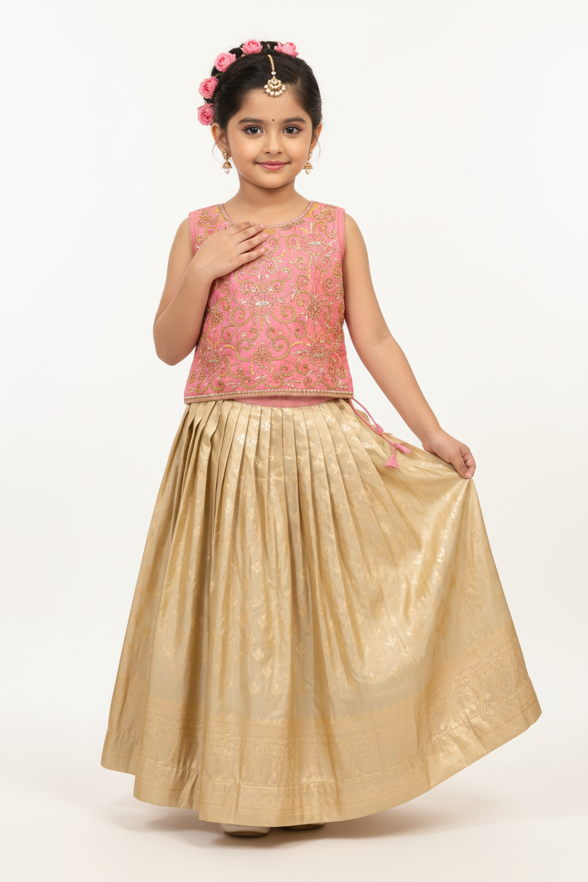Kid in Pink Zardozi Choli with Gold Tissue Lehenga
