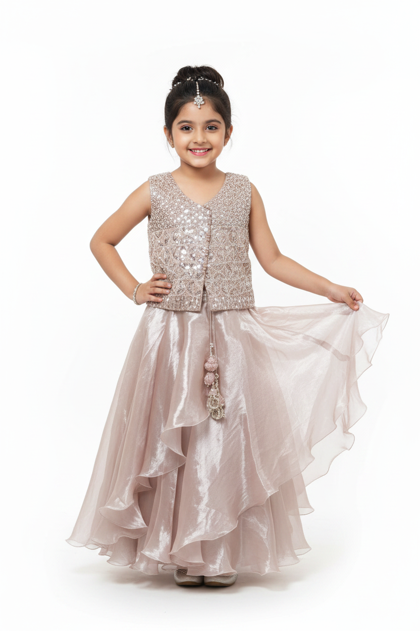 Kid in Silver Pearl Choli with Asymmetric Ruffle Lehenga