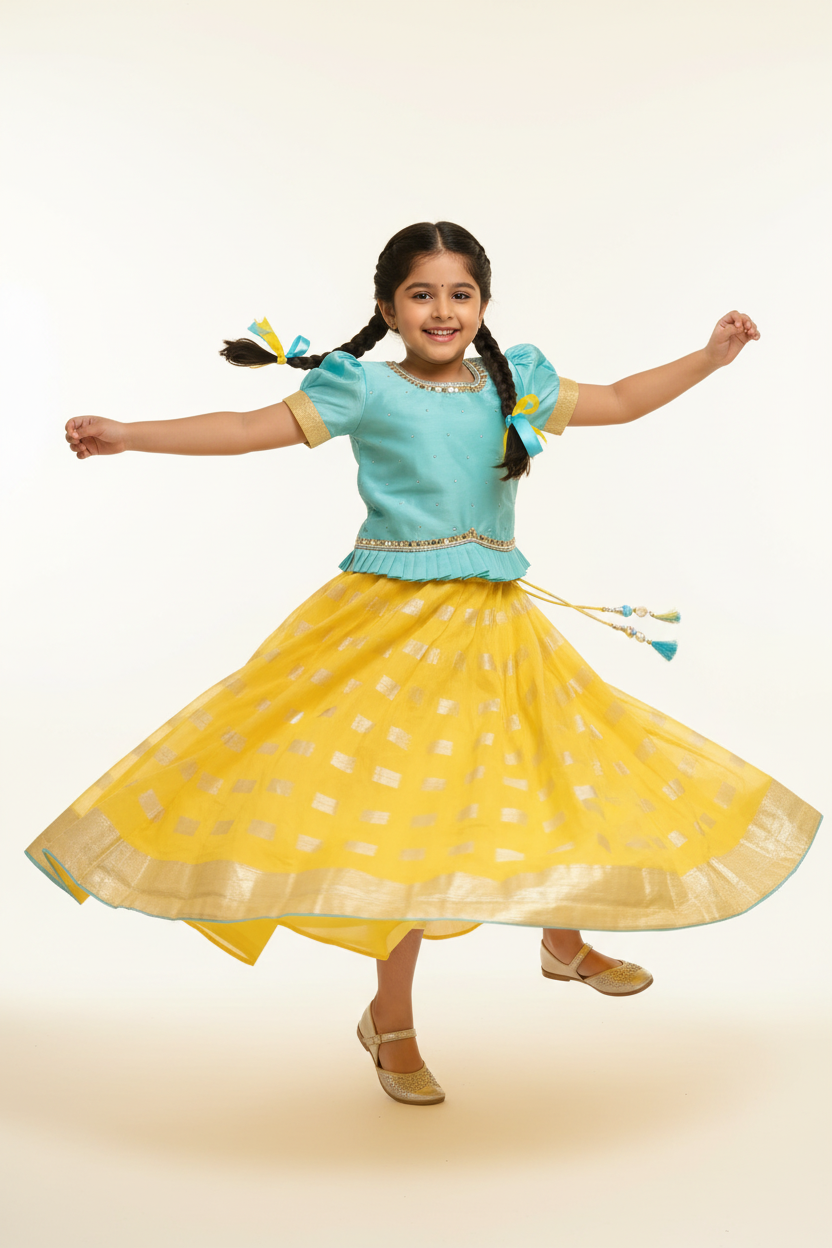 Kid in Sky Blue Mirror Choli with Yellow Banarasi Lehenga