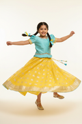 Kid in Sky Blue Mirror Choli with Yellow Banarasi Lehenga