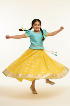 Kid in Sky Blue Mirror Choli with Yellow Banarasi Lehenga