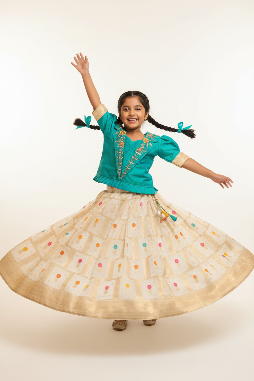 Kid in Teal Choli with Cream Multicolor Lehenga