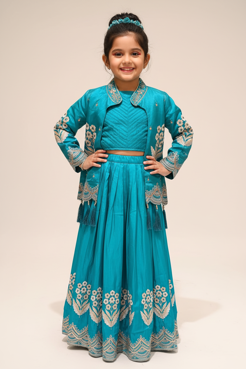 Kid in Teal Jacket Lehenga Set with Tassel Sleeves