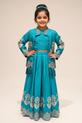 Kid in Teal Jacket Lehenga Set with Tassel Sleeves