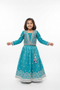 Kid in Teal Mirror Work Choli with Teal Lehenga