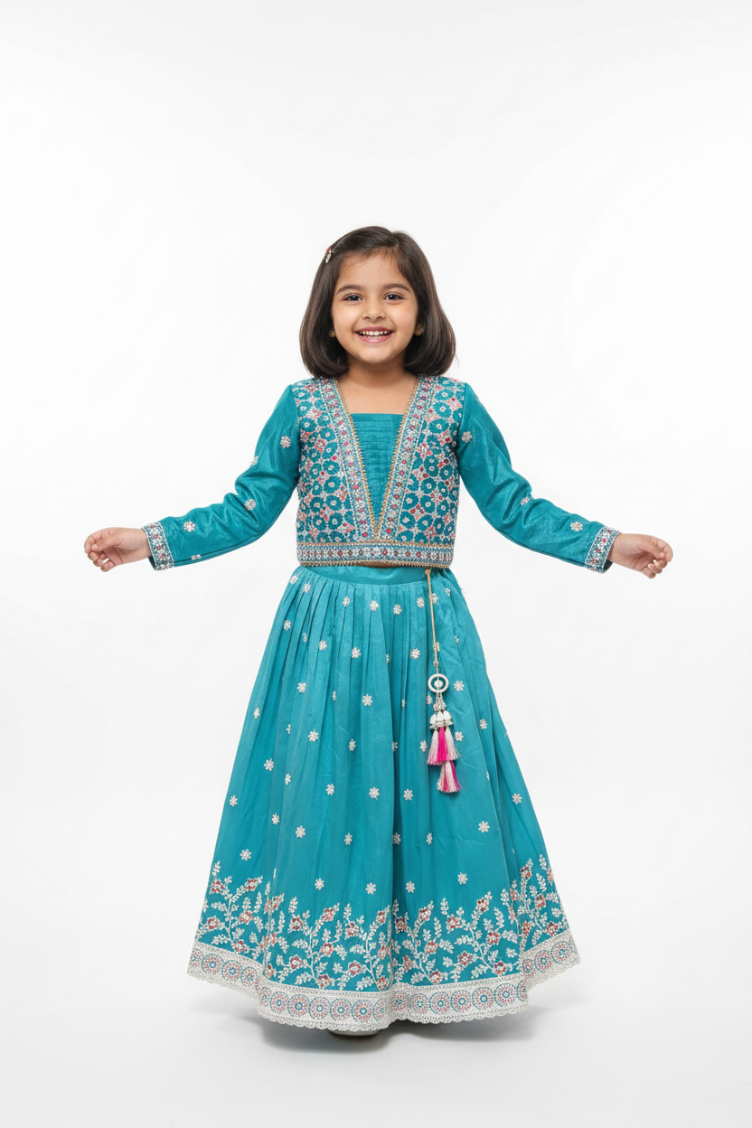 Kid in Teal Mirror Work Choli with Teal Lehenga