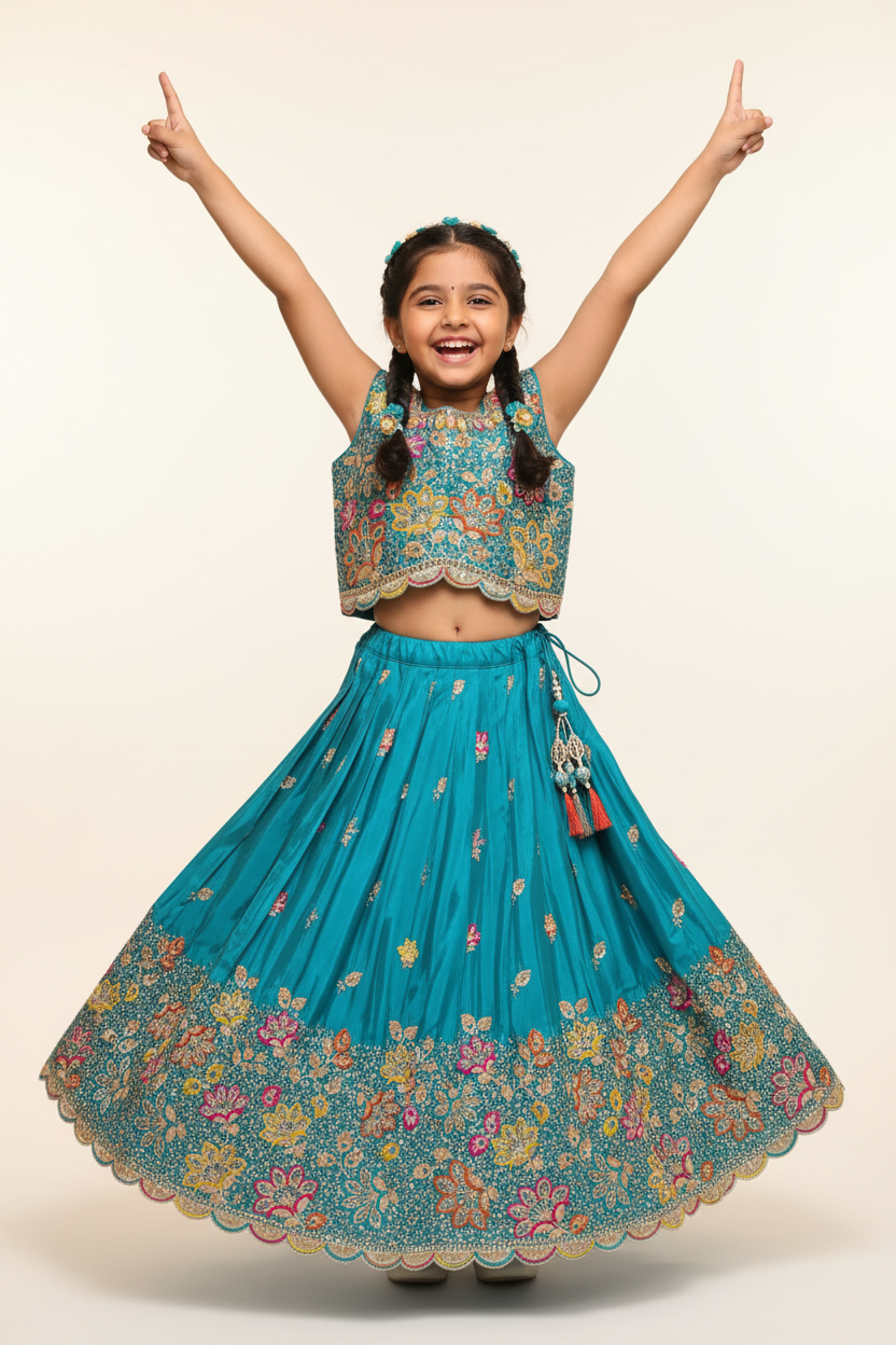 Kid in Teal Multicolor Sequin Choli with Teal Lehenga