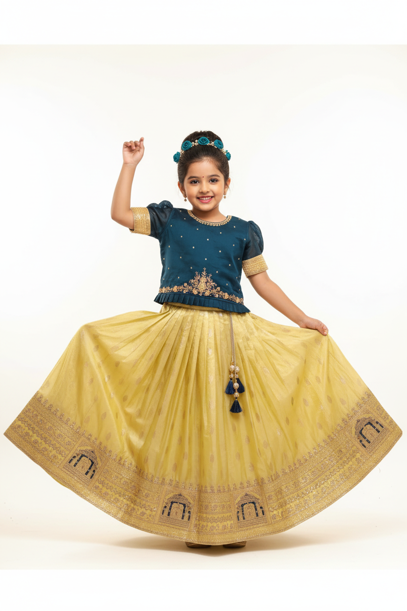 Kid in Teal Peplum Choli with Lemon Yellow Banarasi Lehenga