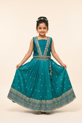 Kid in Teal Pin-Tuck Pleated Choli with Teal Lehenga