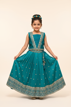 Kid in Teal Pin-Tuck Pleated Choli with Teal Lehenga