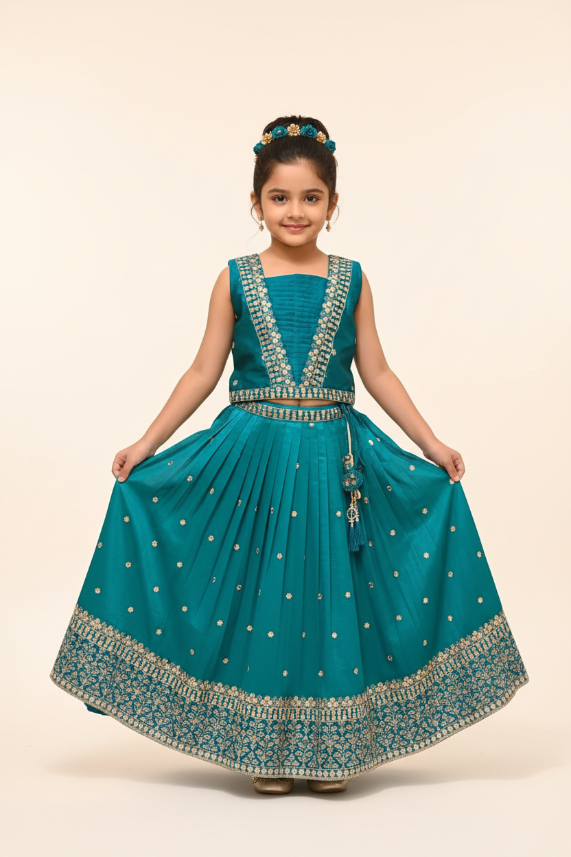 Kid in Teal Pin-Tuck Pleated Choli with Teal Lehenga