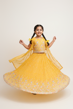 Kid in Yellow Chikankari Lehenga with Organza Cape