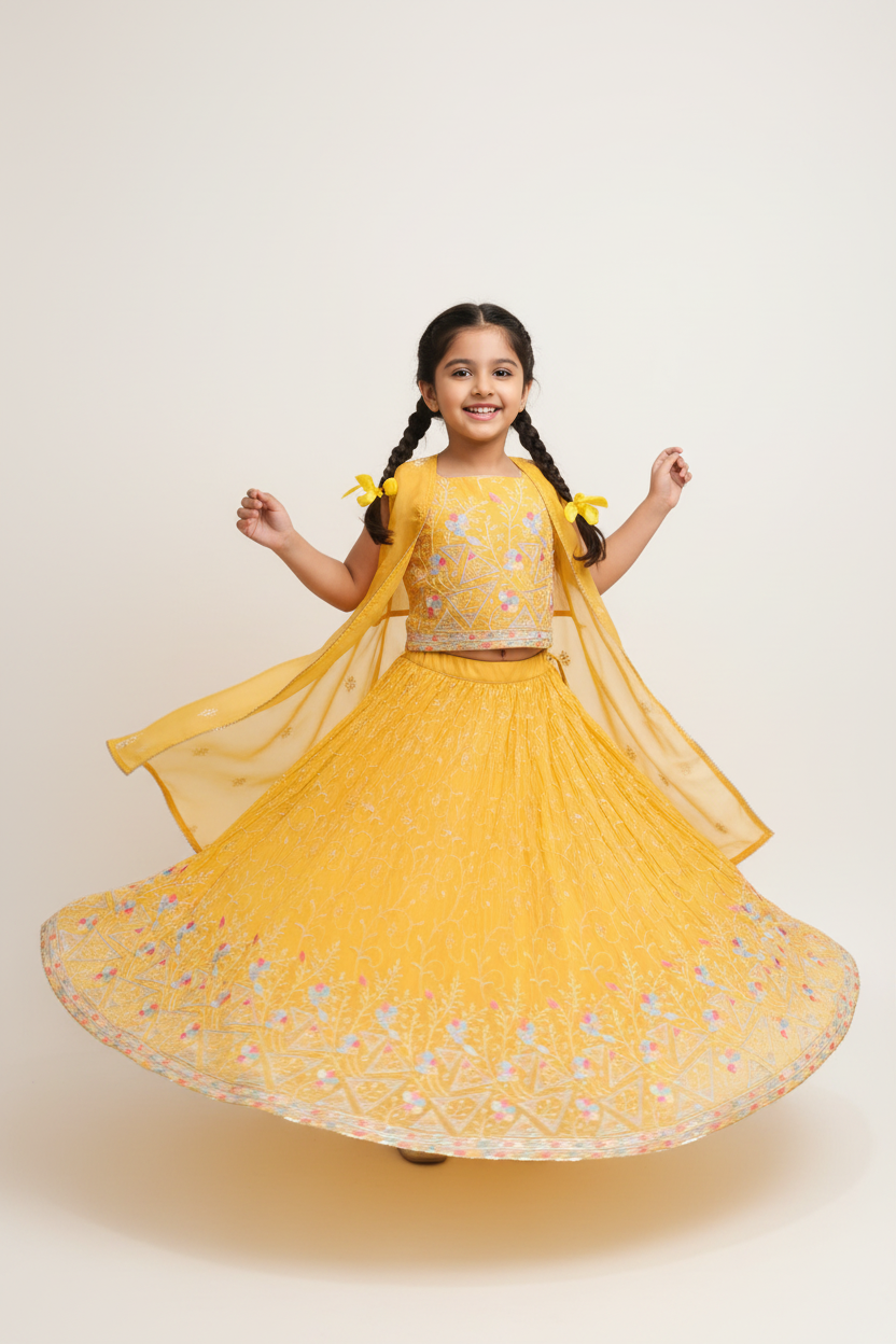 Kid in Yellow Chikankari Lehenga with Organza Cape