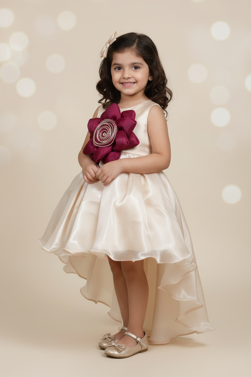 Kid wearing cream and magenta flower dress
