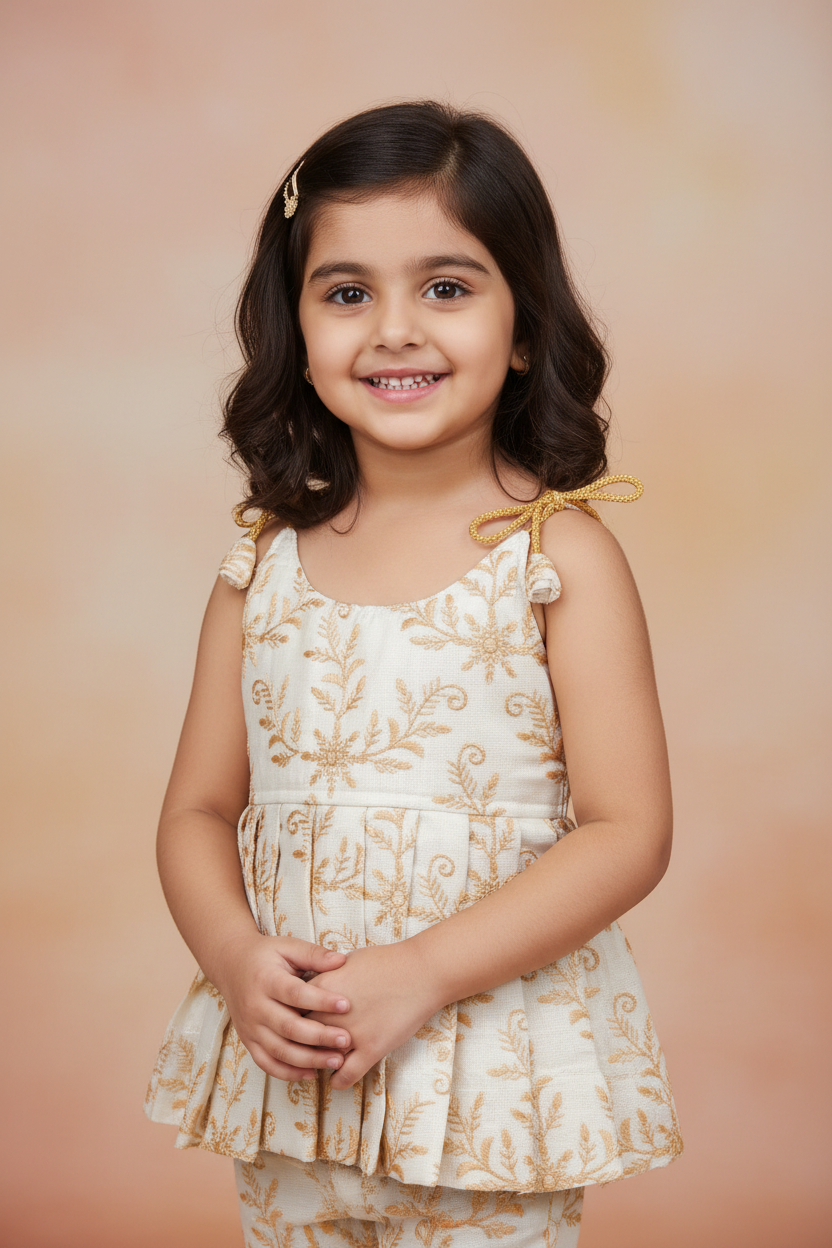 Kid wearing cream gold embroidered ethnic top