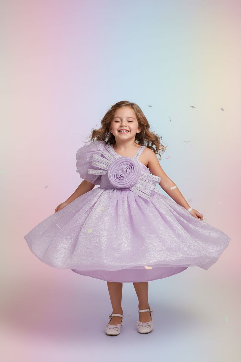 Kid wearing lavender party dress