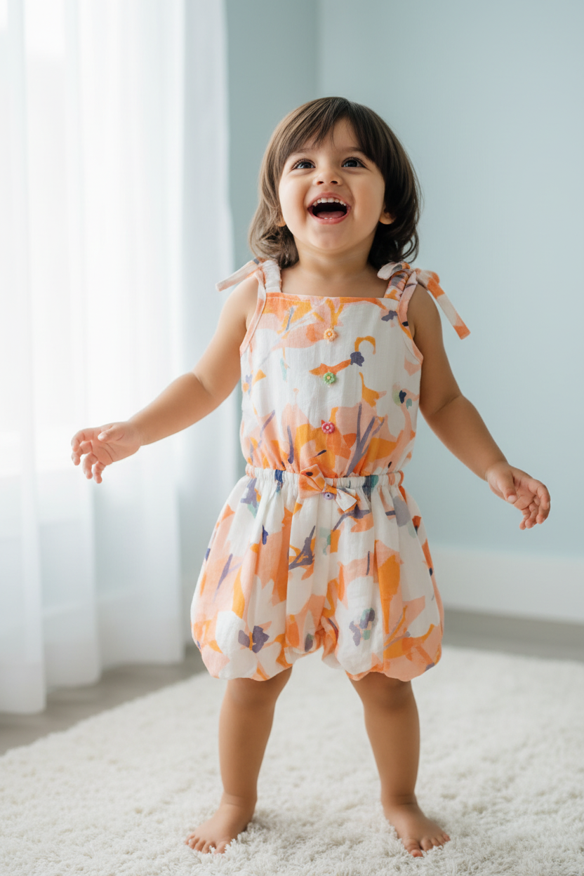 Kid wearing orange abstract print romper