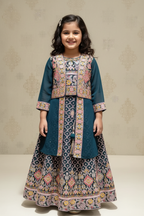 Kid wearing teal Banarasi ethnic three-piece outfit