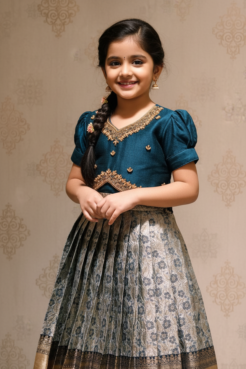 Kid wearing teal lehenga