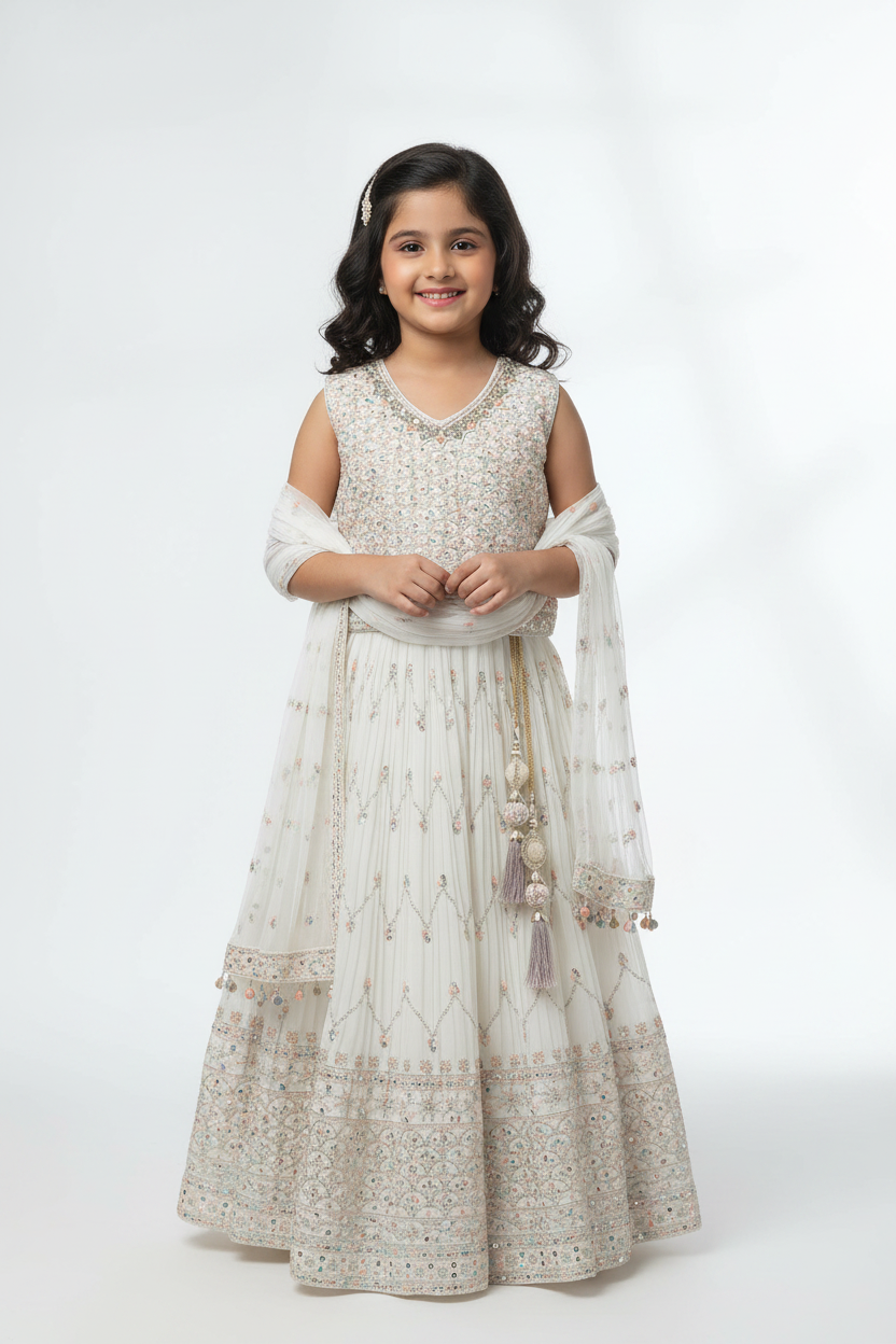 Kid wearing white lehenga