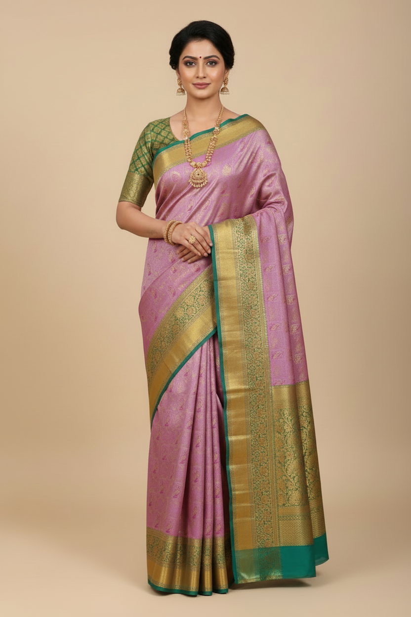 Lavender Parrot Buti Saree on Model