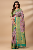 Lavender Pink & Teal Floral Organza Saree Model