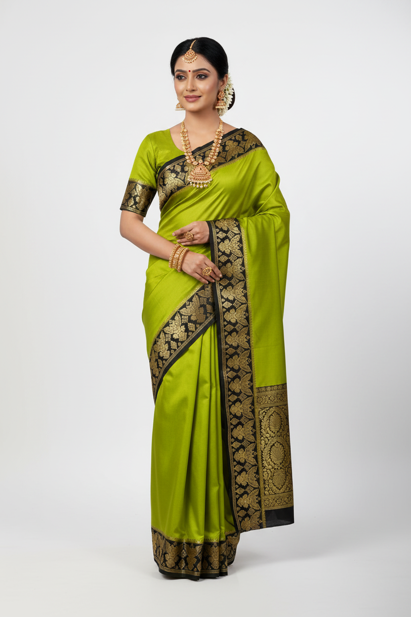Lime Green & Black Garuda Motif Silk Saree Model