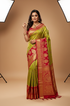 Lime Green & Crimson Meenakari Kanchipuram Saree Model