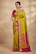 Lime Yellow & Magenta Crimson Kanchipuram Saree Model