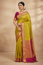 Lime Yellow & Magenta Crimson Kanchipuram Saree Model