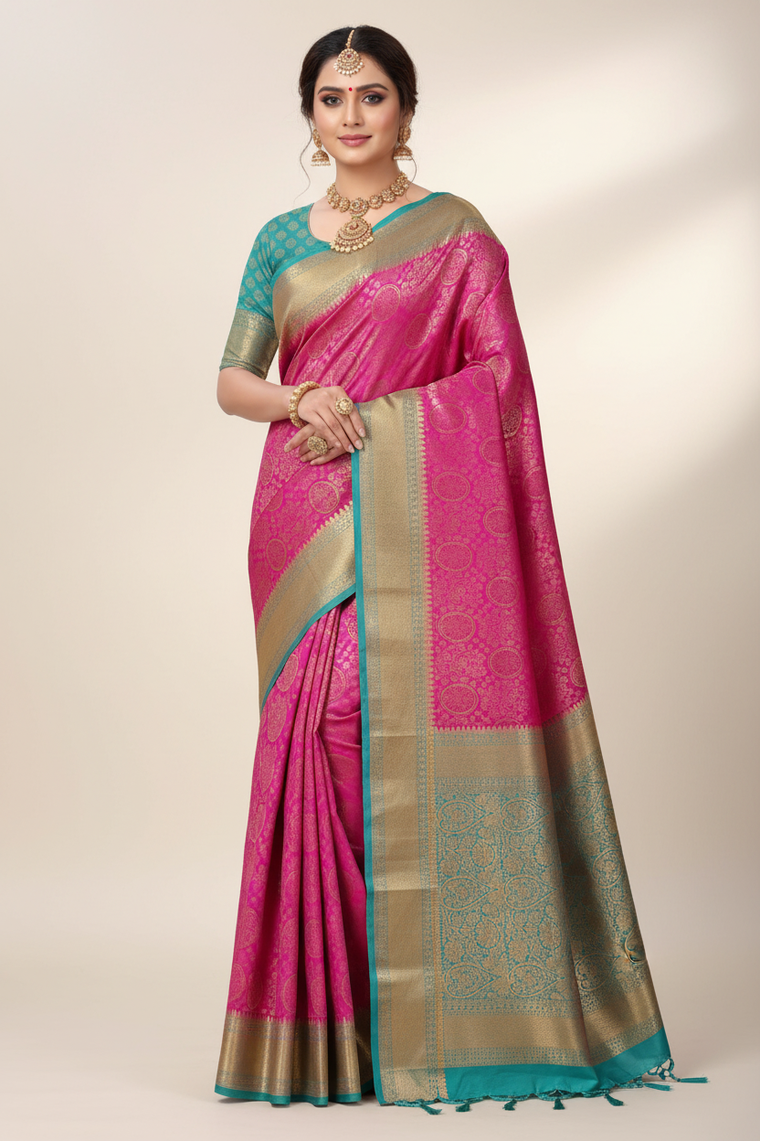 Magenta Banarasi Saree on Model