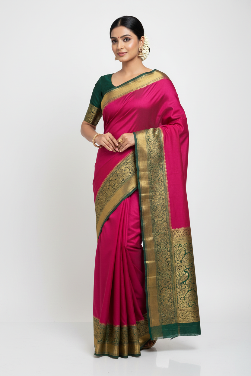 Magenta & Green Silk Saree Model
